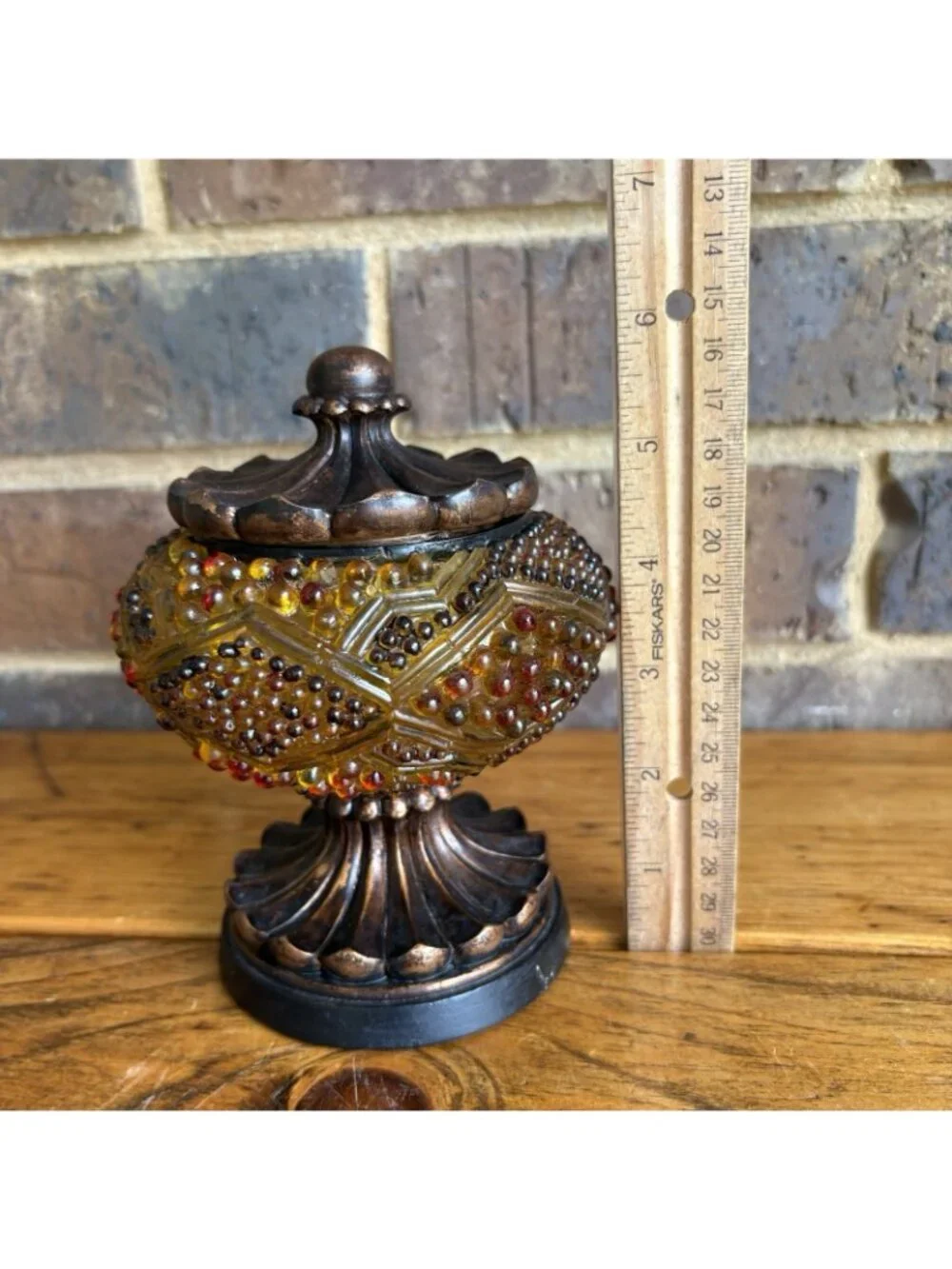 Vintage Amber Bronze Color Hobnail Lucite Round Powder Jar Trinket Box Resin Lid